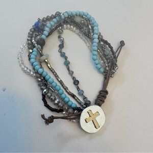 Artisan Multi-Strand Blue and Silver Beaded Bracelet with Cross Charm Adjustable
